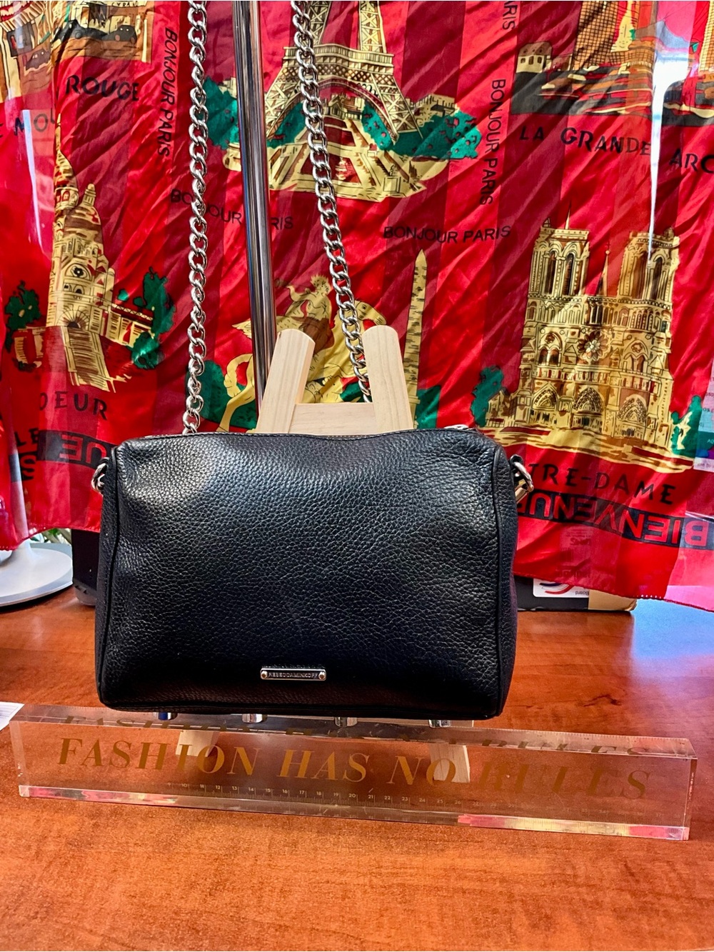 Rebecca Minkoff Black Pebbled Leather Crossbody with Silver Chain